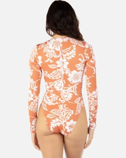 Women Hurley One Piece*Floral Ikat Long Sleeve Zip Back Moderate Surf Suit